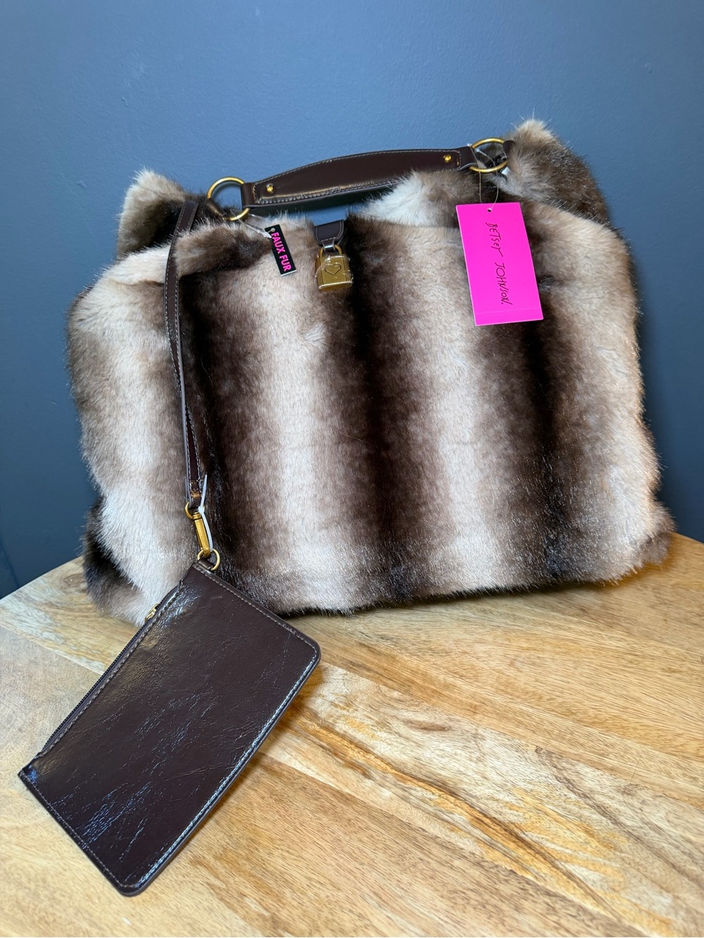 Betsey Johnson Women’s Faux Fur Brown Stripe Tote Bag with Leather Trim